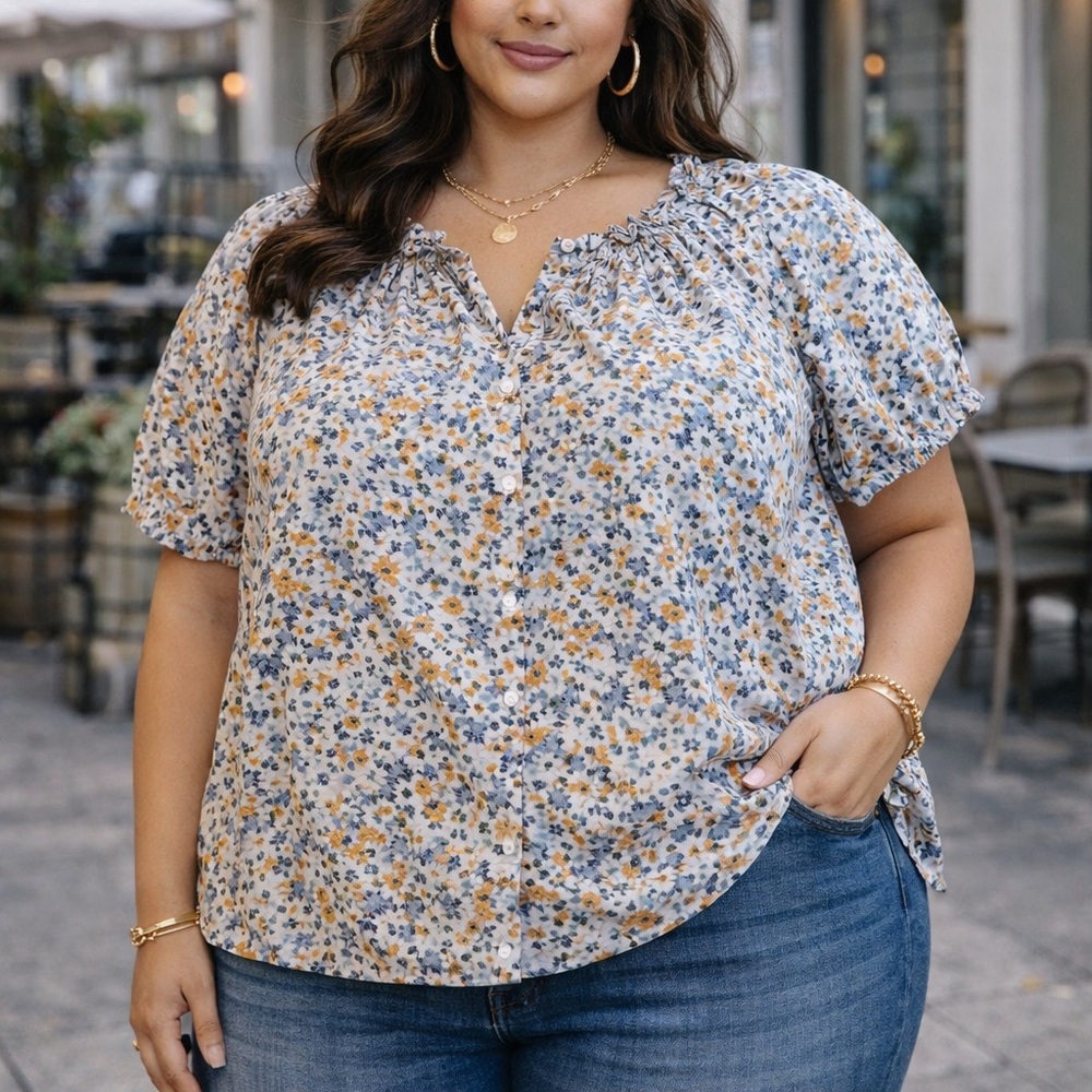 Only Carmakoma Floral 100% Cotton Button Down Short Sleeve Blouse Women 20 Plus